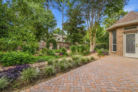 a backyard of a house with plants and large trees