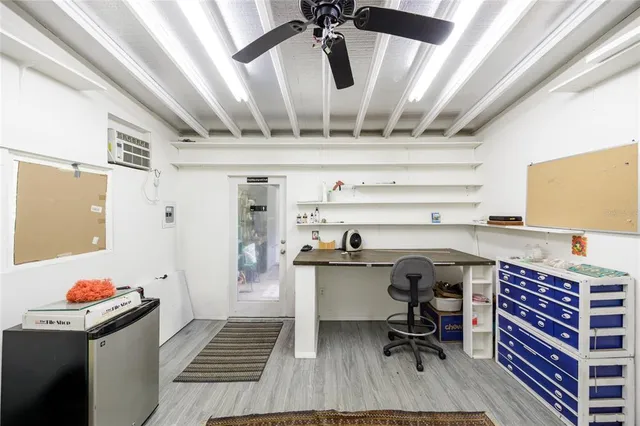 a view of a park with large trees