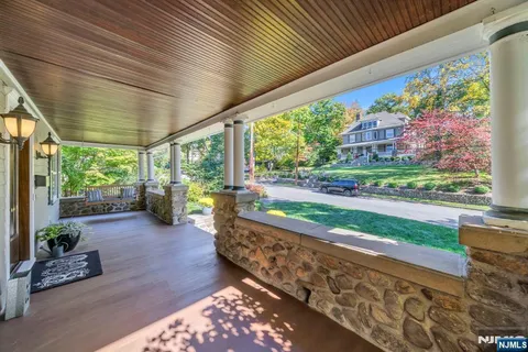 a garden view with a seating space