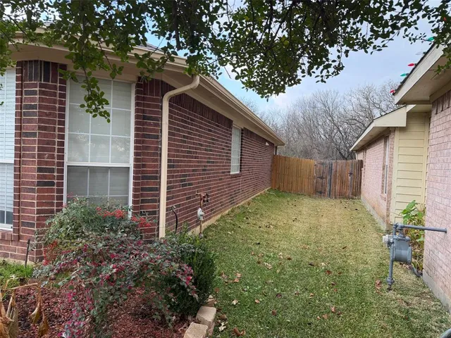 a backyard of a house with plants and large tree