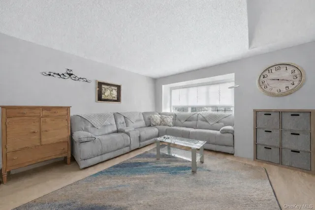 a living room with furniture a closet and a window