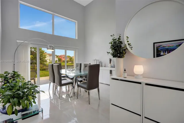 a view of a dining room with furniture window and outside view