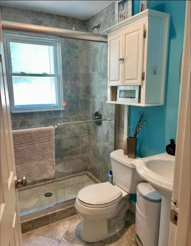 a bathroom with a sink a toilet and shower