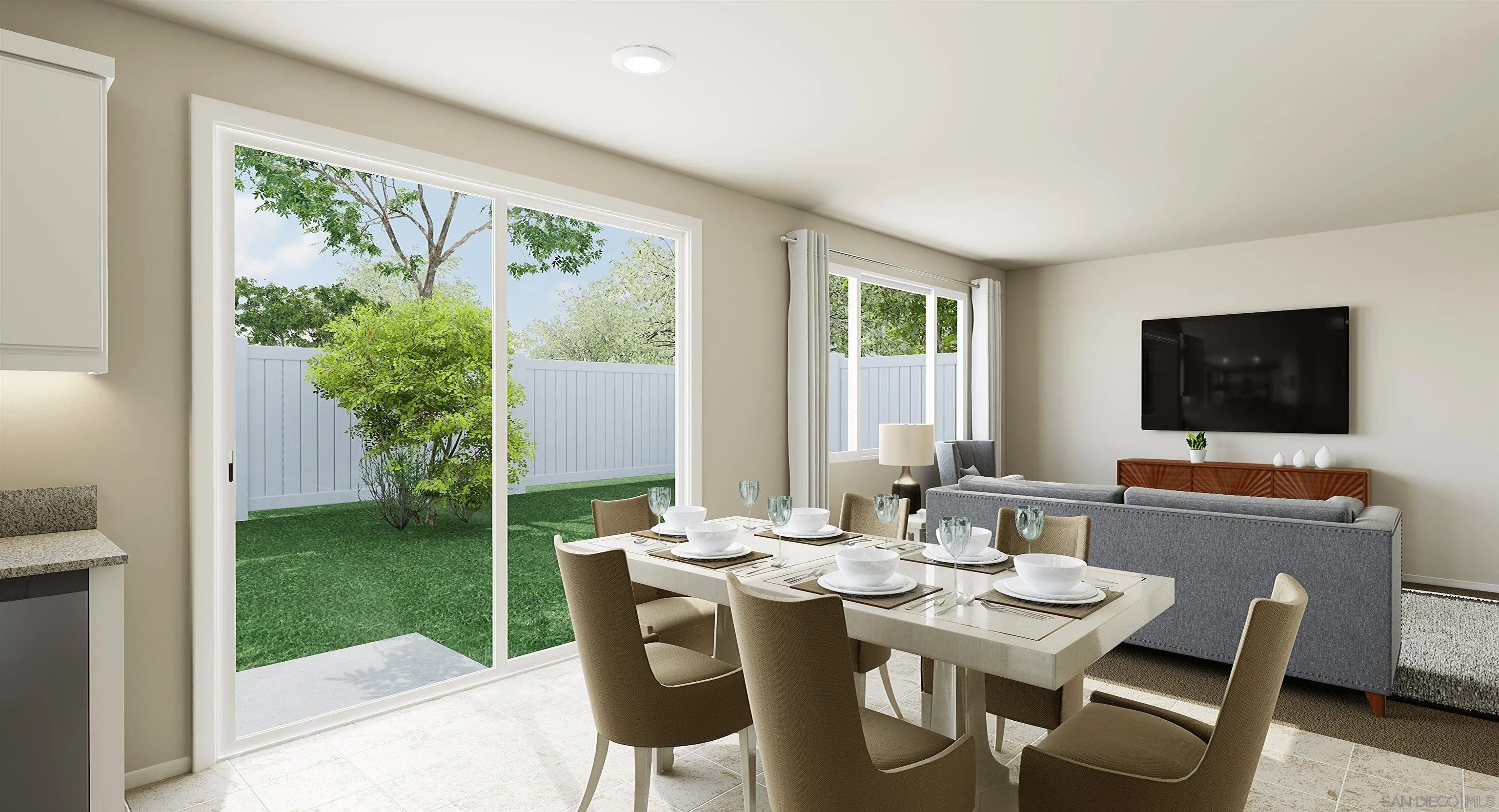 a view of a dining room with furniture window and outside view