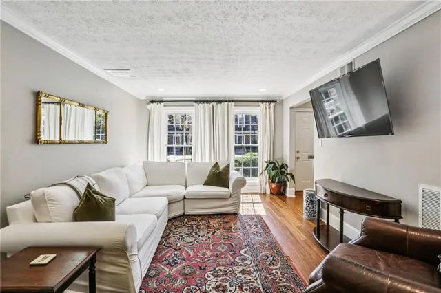 a living room with furniture and a rug
