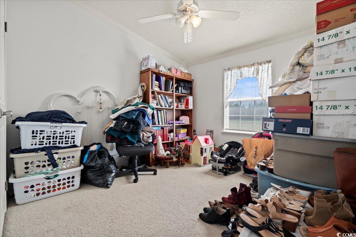 1130 Buck Swamp Road Fork, SC 29543 - Photo 18 of 35 Interior space with carpet flooring, a textured ceiling, a ceiling fan, and crown molding