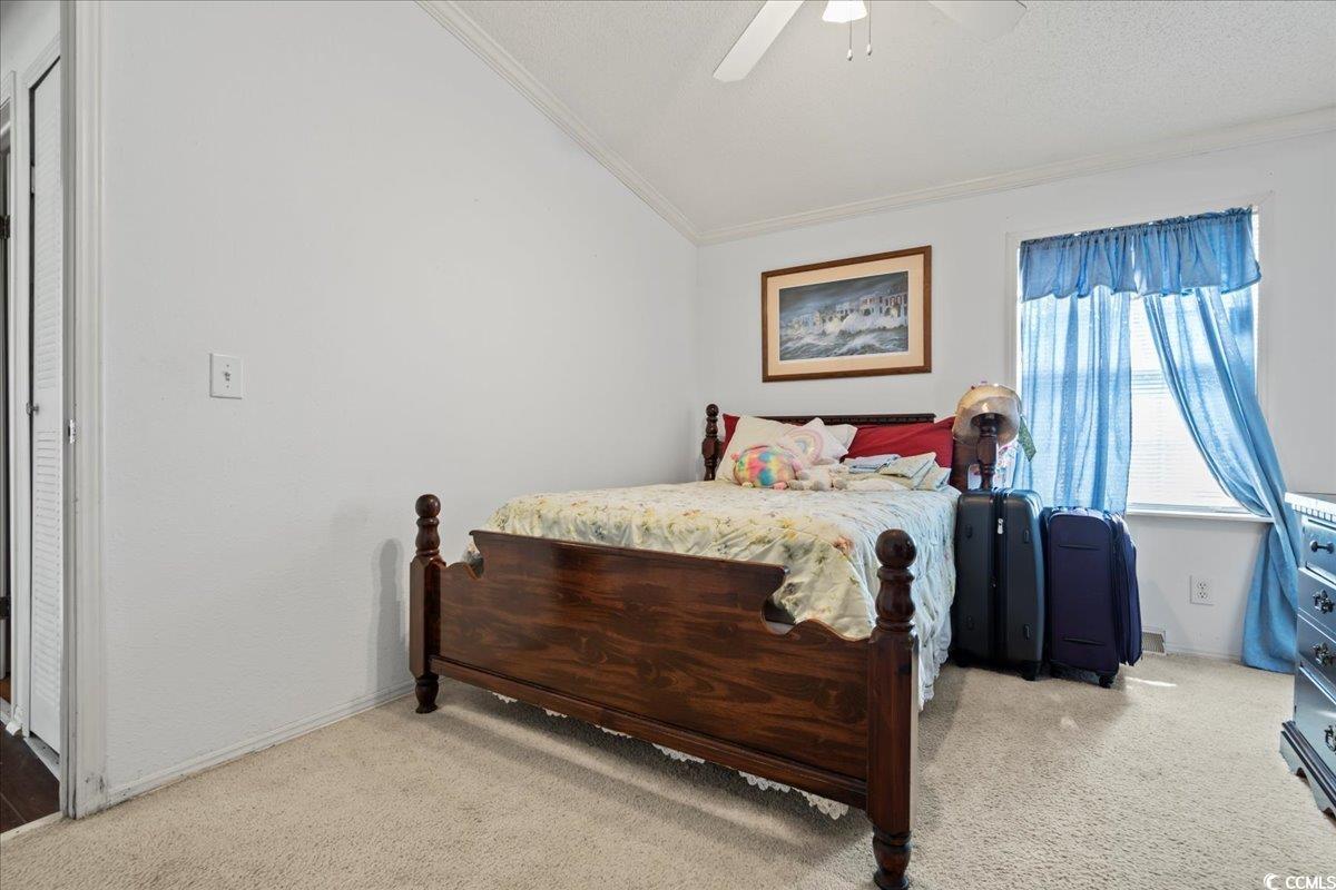 1130 Buck Swamp Road Fork, SC 29543 - Photo 21 of 35 Carpeted bedroom with baseboards, lofted ceiling, crown molding, and a ceiling fan