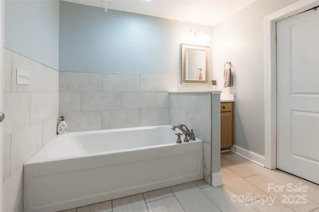 a bathroom with a tub sink and mirror