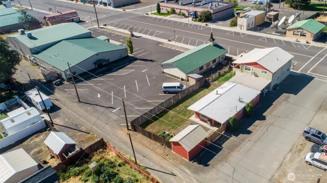 an aerial view of a house with a garden