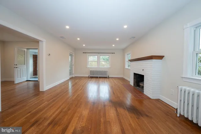 a living room with furniture a fireplace and a potted plant