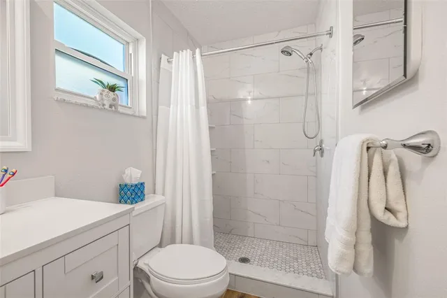 a bathroom with a shower sink vanity mirror and toilet