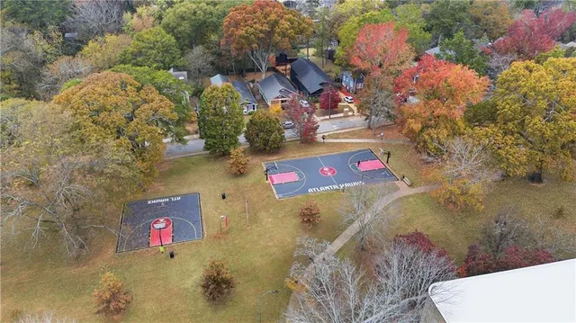 a view of a house with potted plants and a large tree