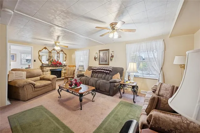a living room with furniture or couch and a ceiling fan