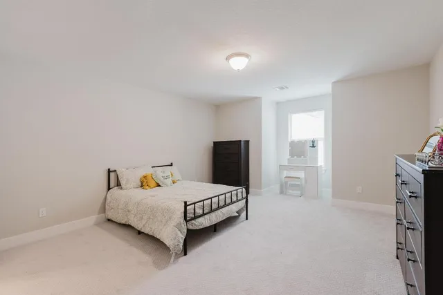 a bedroom with a bed and dresser