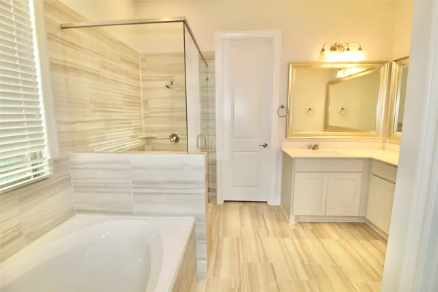 a bathroom with a tub shower sink and mirror