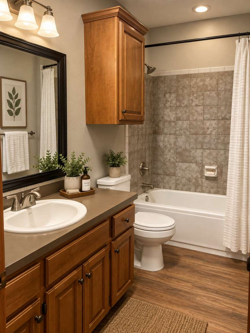 21800 East 450th Road Claremore, OK 74019 - Photo 17 of 23 Vanity with wood-finish cabinetry and integrated sink, coordinated wood-finish flooring, tiled shower surround, and built-in storage cabinet