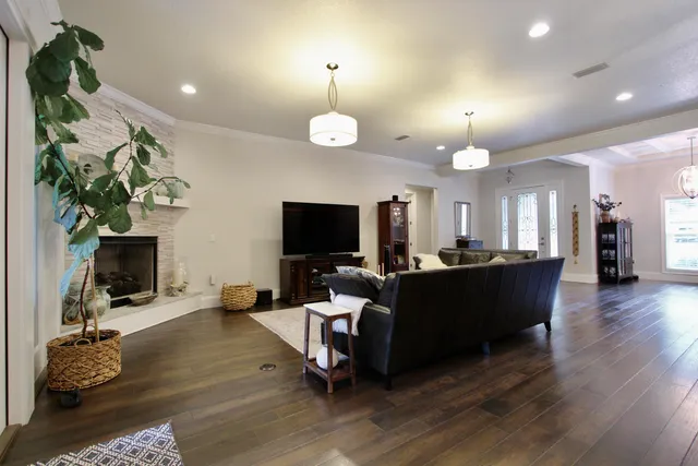 a living room with furniture potted plant and a flat screen tv