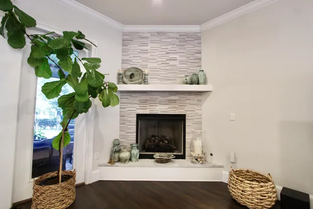 a living room with a fireplace and a potted plant