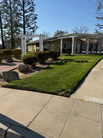 a front view of residential houses with yard and green space