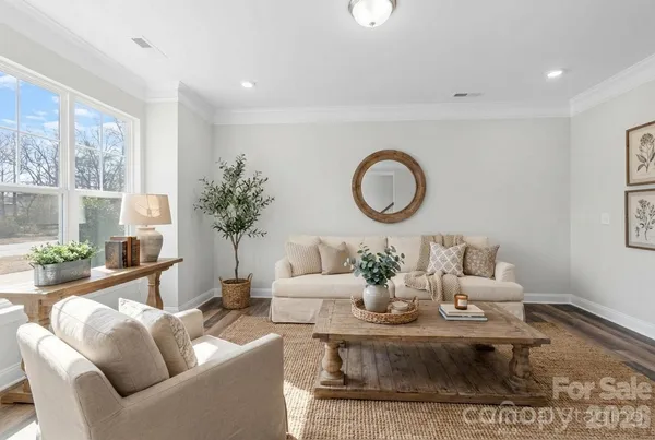 a living room with furniture a potted plant and a large window