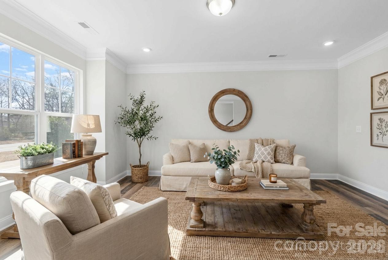 a living room with furniture a potted plant and a large window