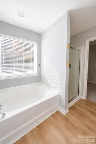 a bathroom with a bathtub and a shower