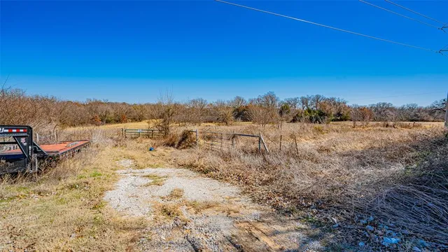 a view of a dry yard with trees