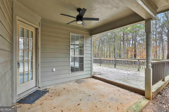 a view of a room with a large window