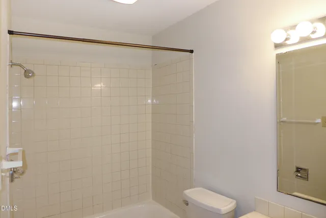 a bathroom with a shower and a toilet
