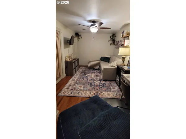 a view of a living room with a chair and a potted plant