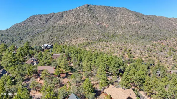 a view of a dry yard with mountains in the background