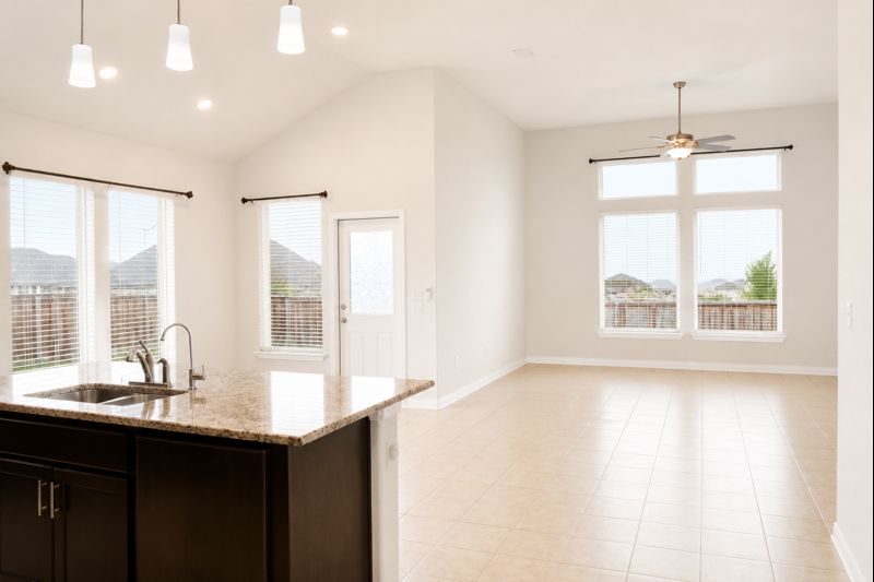 693 Durian Loop Buda, TX 78610 - Photo 10 of 27 Granite counters and vaulted ceilings define this bright, open-concept living and kitchen area.