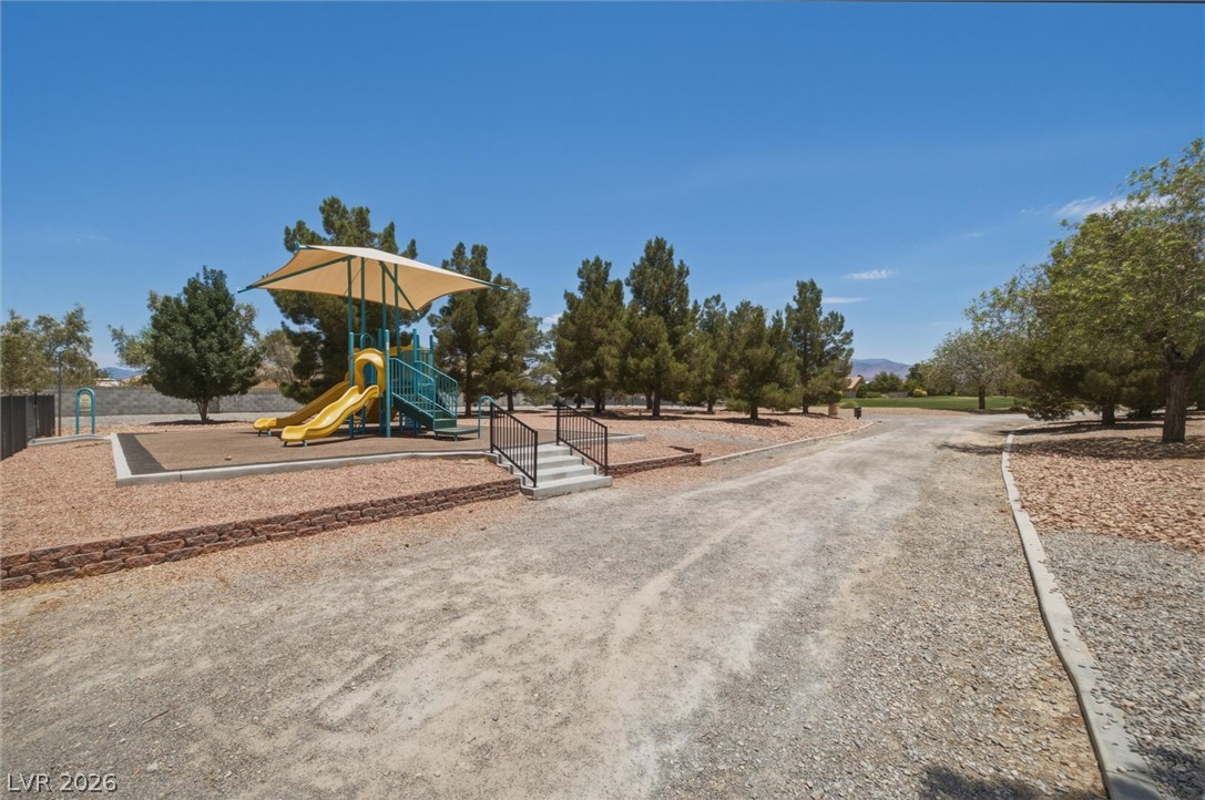 6720 Stubblefield Drive Pahrump, NV 89061 - Photo 43 of 51 A vibrant playground structure with dual slides awaits, set against a backdrop of mature pine trees and open sky.