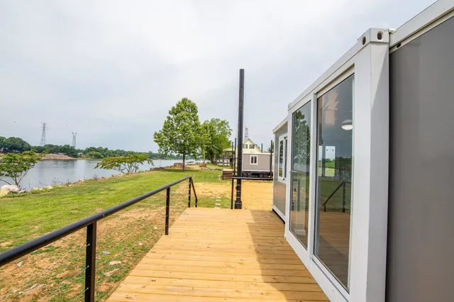 a view of a lake with a outdoor space