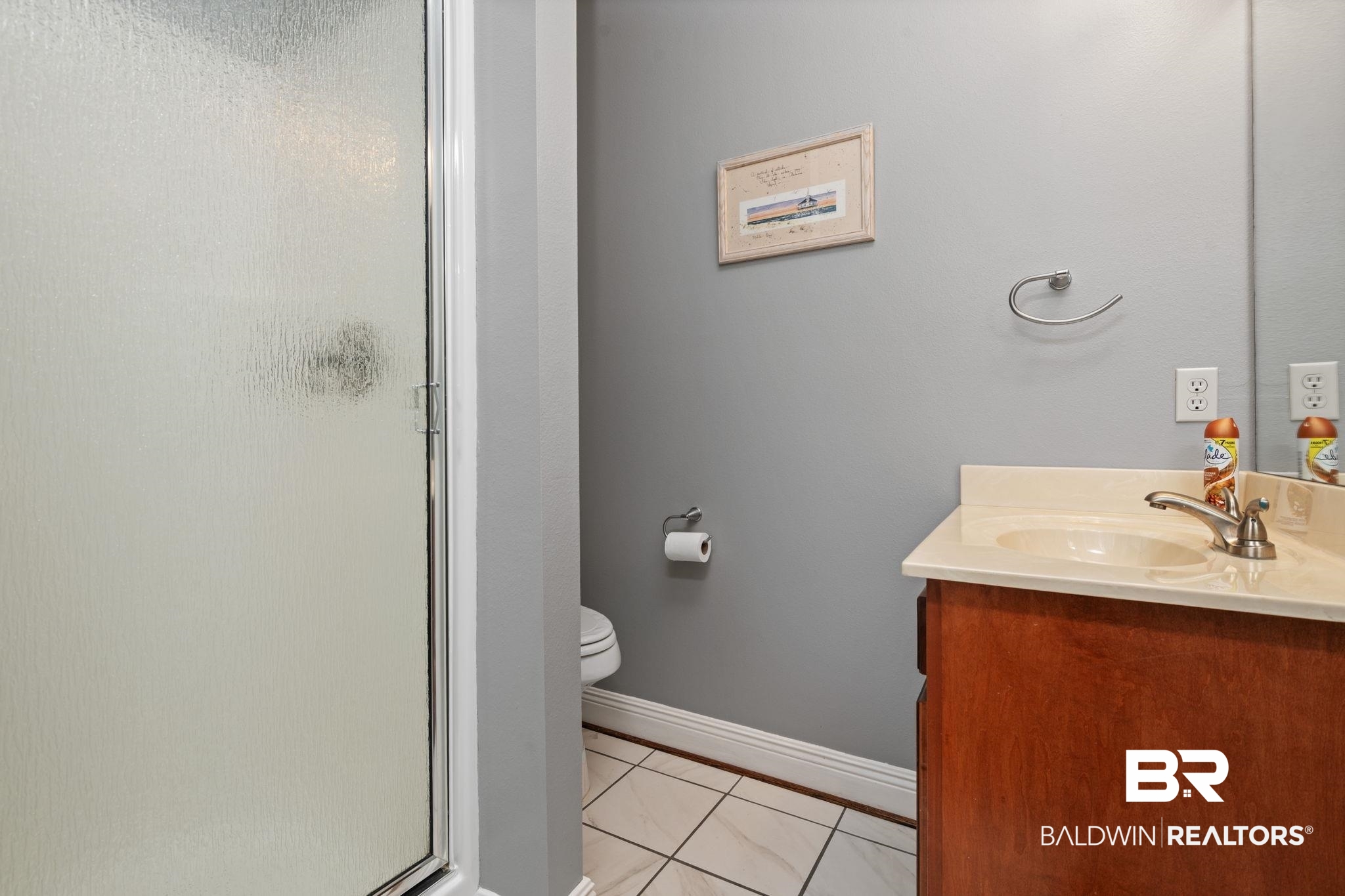 4771 Pecan Ridge East Mobile, AL 36619 - Photo 29 of 48 Bathroom featuring a shower stall, vanity, and light tile patterned floors