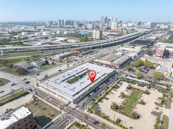 a city view with tall buildings