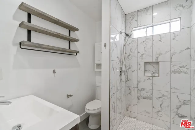 a bathroom with a shower and a toilet