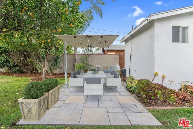 a small garden covered with tall trees