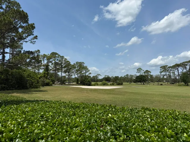 a view of a golf course with a lake