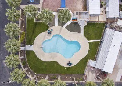 an aerial view of a swimming pool