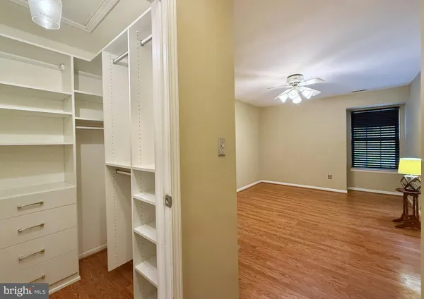 a view of walk in closet with empty racks