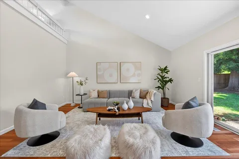a living room with furniture and a potted plant