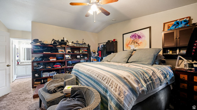 490 South Main Street Kamas, UT 84036 - Photo 9 of 25 Carpeted room featuring a vaulted ceiling and a ceiling fan with integrated lighting