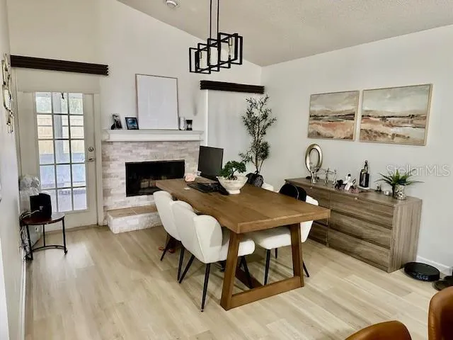 a living room with furniture or couch and a fireplace