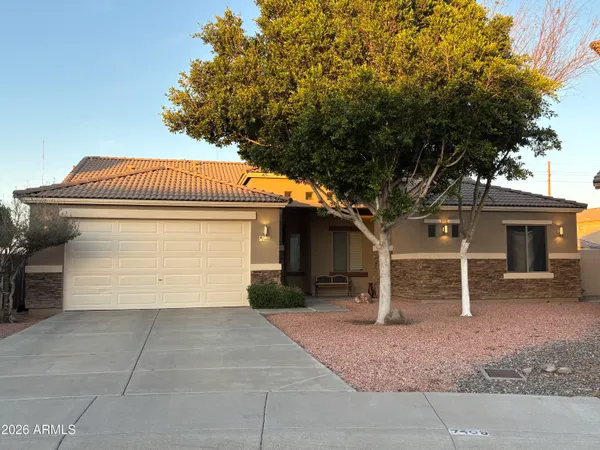 a front view of a house with garage