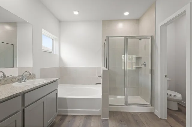 a bathroom with a granite countertop sink a toilet and shower