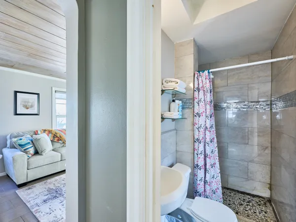 a bathroom with a shower and toilet