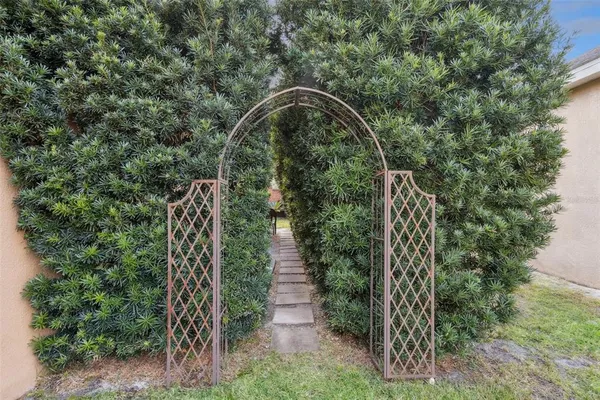 a view of a pathway of a park with plants and a bench