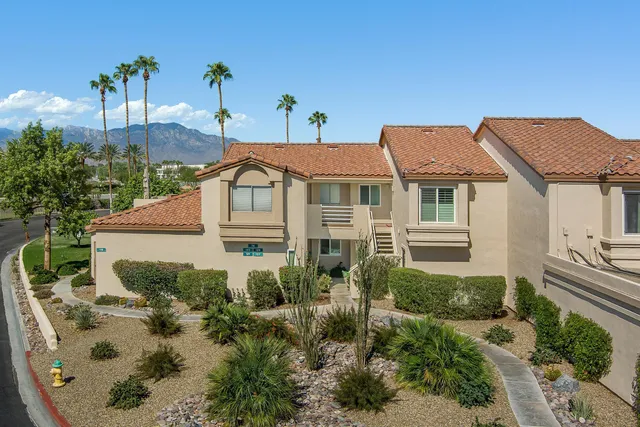 a aerial view of a house with a yard and potted plants