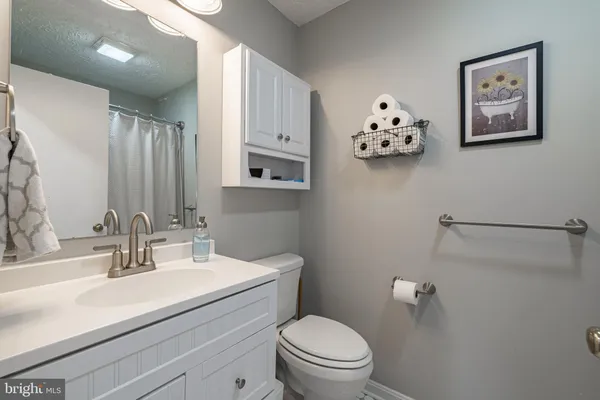a bathroom with a sink mirror and toilet